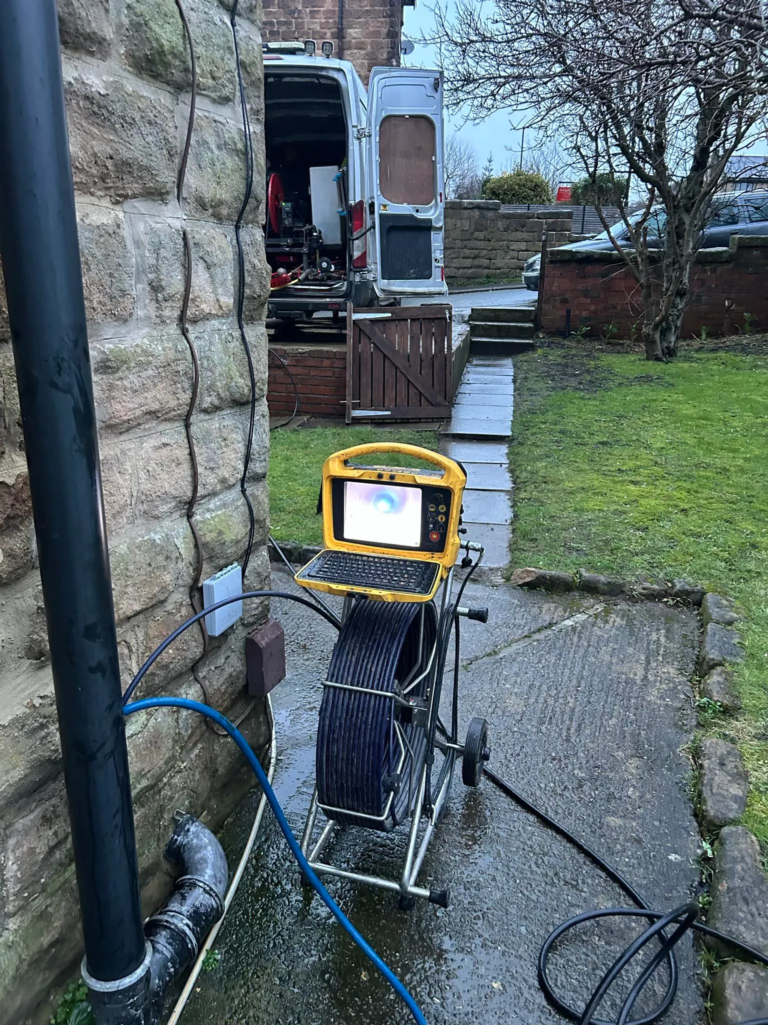 CCTV drain survey camera and monitor set up for an inspection